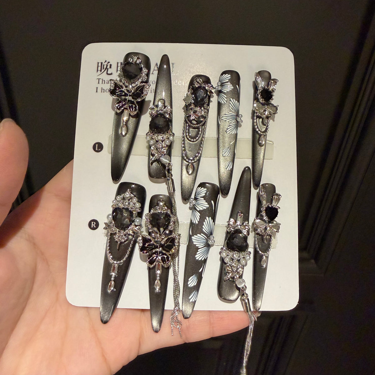 Handmade press-on cat eye nail art, long european and american style, heavily detailed dark goth press-on nails