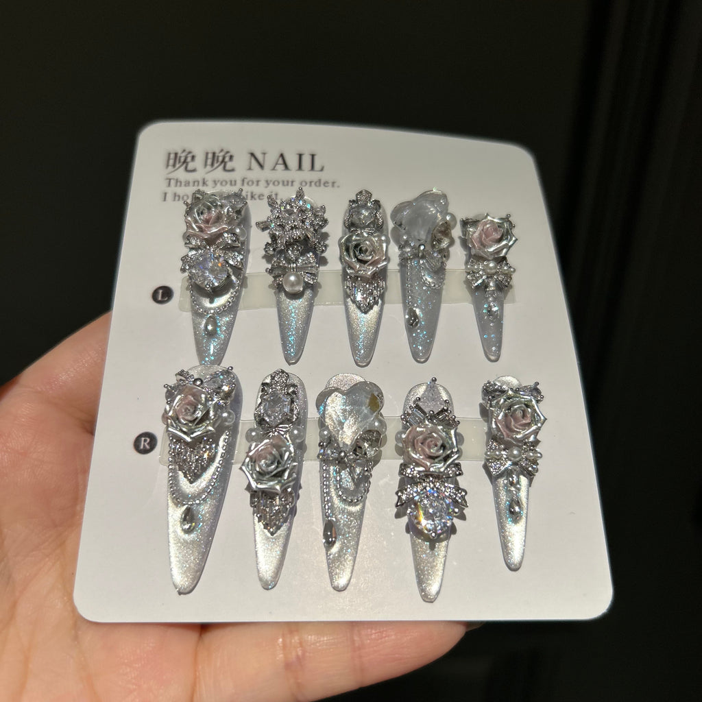 Handmade press-on nails, premium full zircon snowflake design, light luxury mid-length, cute style, exquisite and flattering