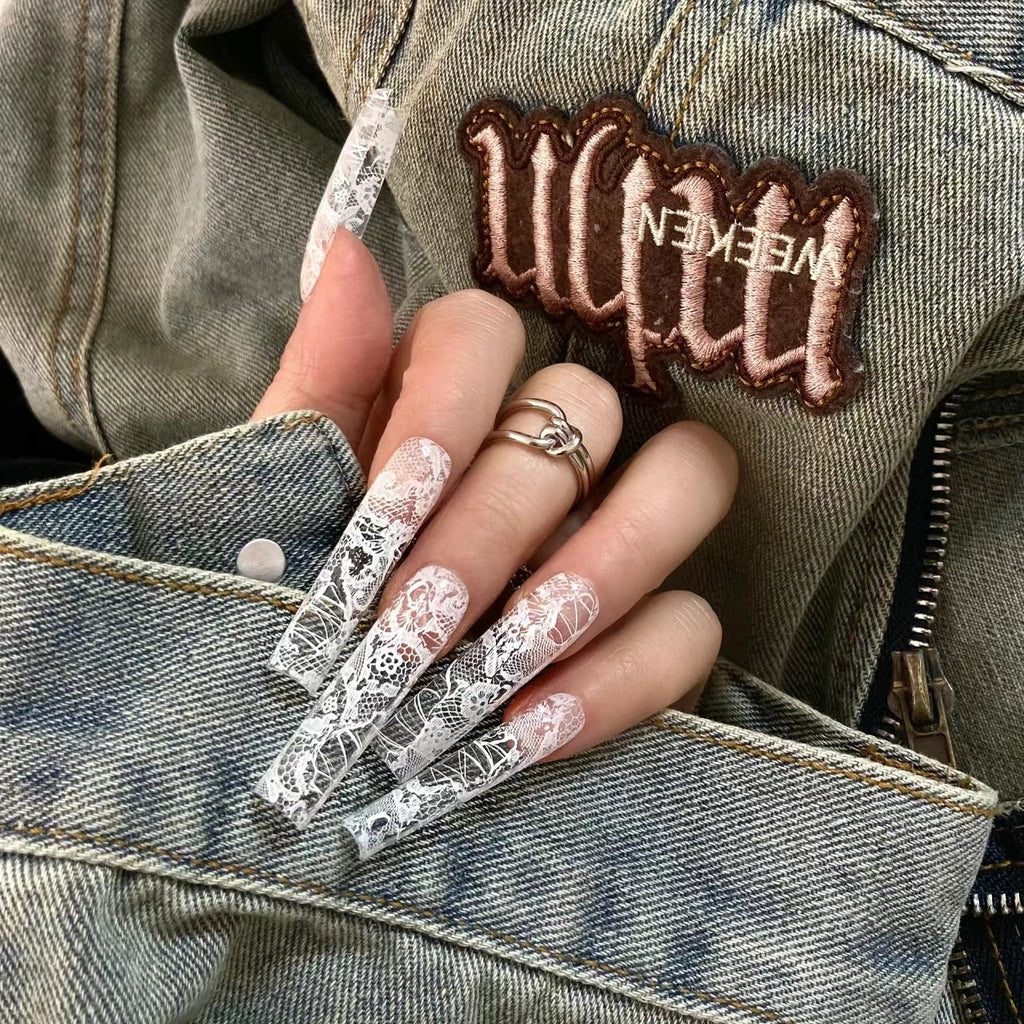 Pure hand-worn nail customization finished product, wearable nail art, European and American air duct square lace, pure desire design sense