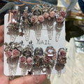 Handmade press-on nails: premium rose & rhinestone nail art, ready-to-wear, removable, crystal glaze finish