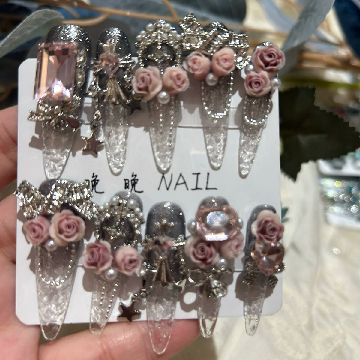 Handmade press-on nails: premium rose & rhinestone nail art, ready-to-wear, removable, crystal glaze finish