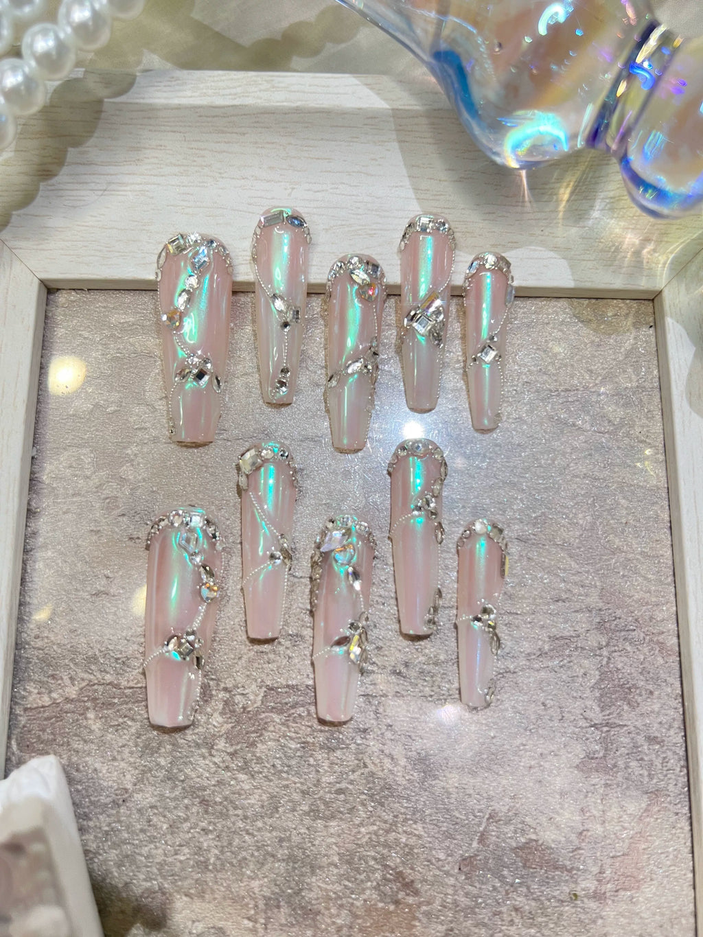 Temperament luxury full diamond steel ball spell diamond aurora powder gradual change full zircon diamond handmade wear nail custom nail manicure