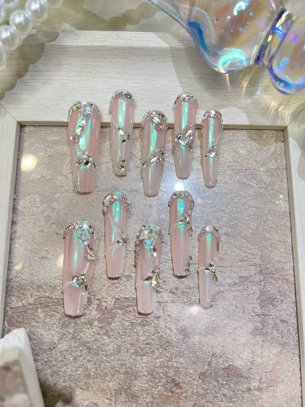 Temperament luxury full diamond steel ball spell diamond aurora powder gradual change full zircon diamond handmade wear nail custom nail manicure