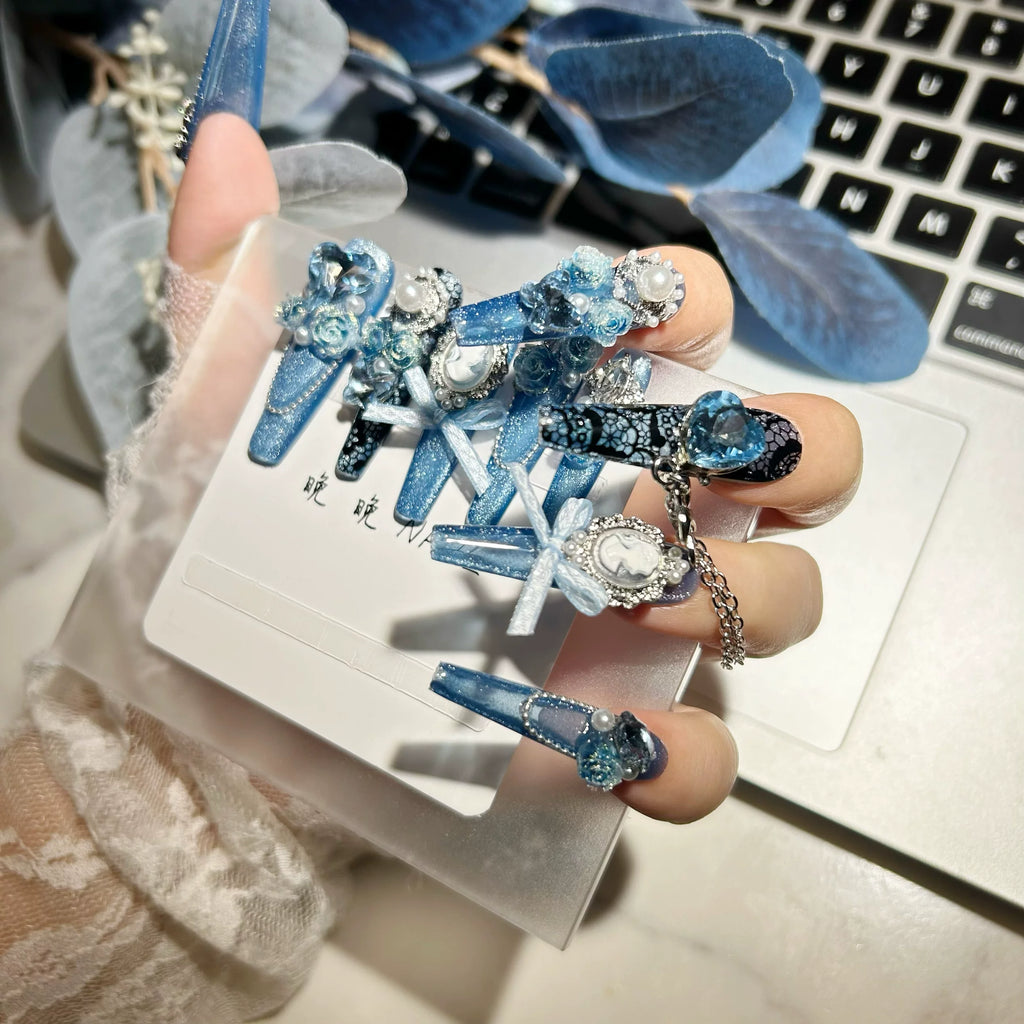 Original nail art heavy industry handmade wearable blue rose pure handmade wearable nails luxurious niche cat eye