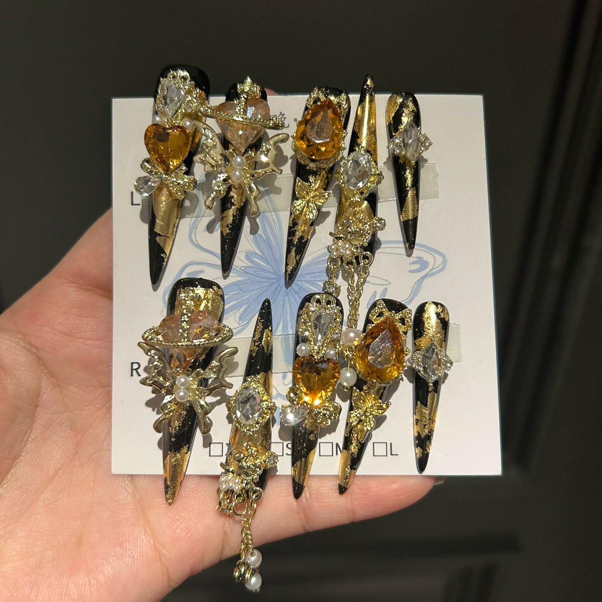 Gold 5.0 handmade press-on nails, premium luxury nail art, extra-long handcrafted nail extensions