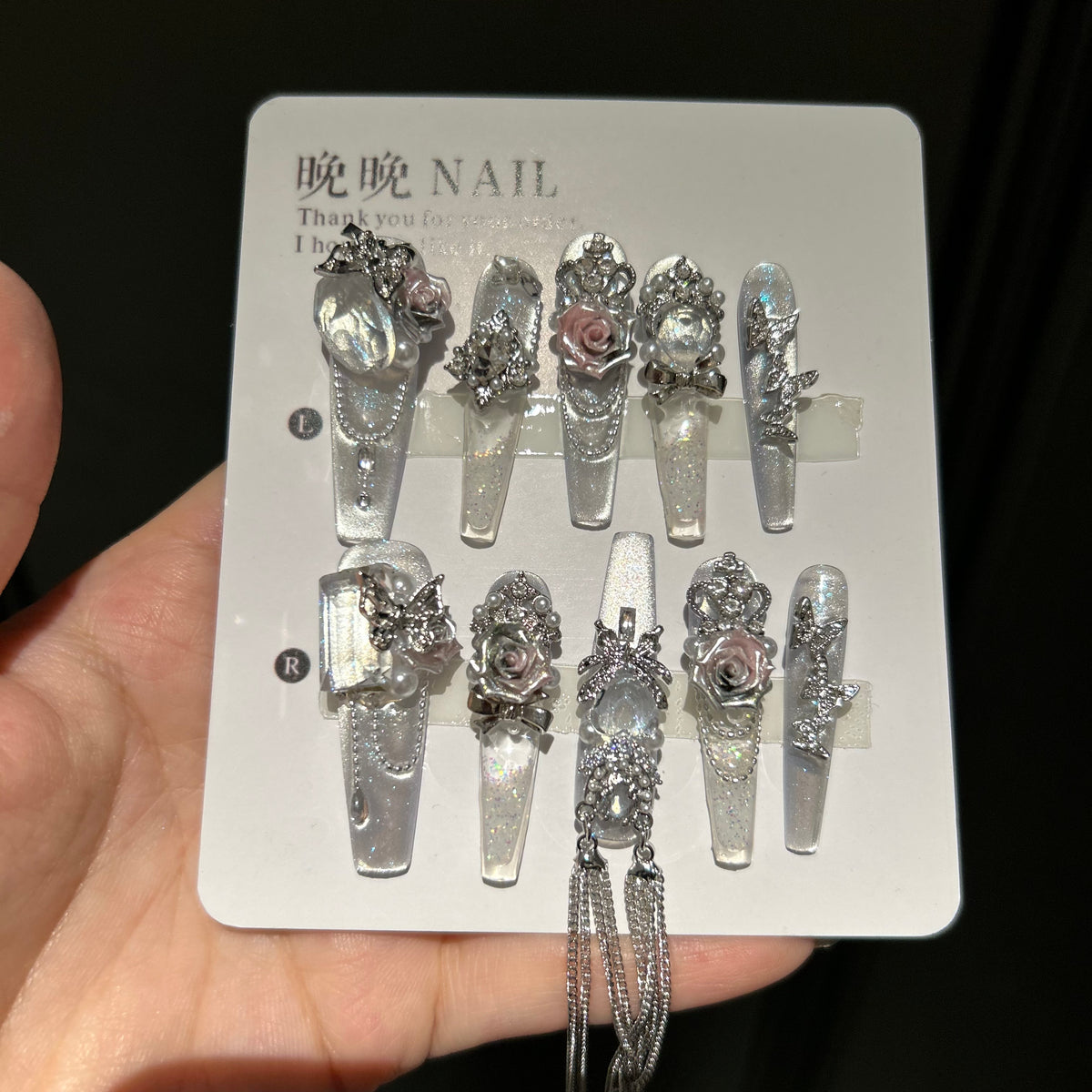 Handmade press-on nails with glitter sand effect, whitening, new high-end cat eye design