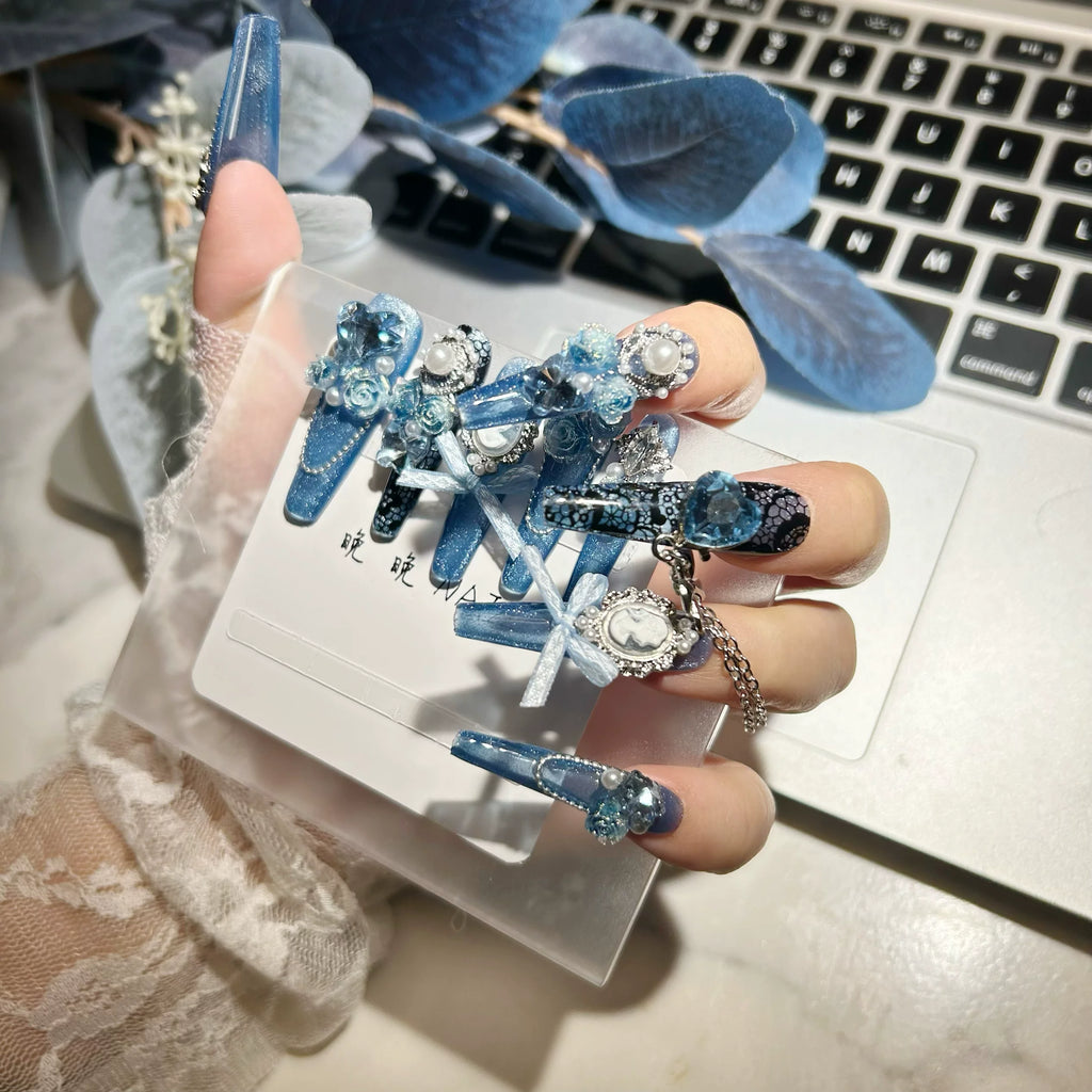 Original nail art heavy industry handmade wearable blue rose pure handmade wearable nails luxurious niche cat eye