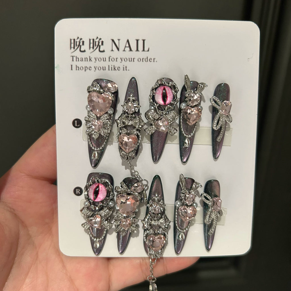 Handmade halloween press-on nails - original gradient pink luxury manicure, new collection, whitening, high-end cat eye effect