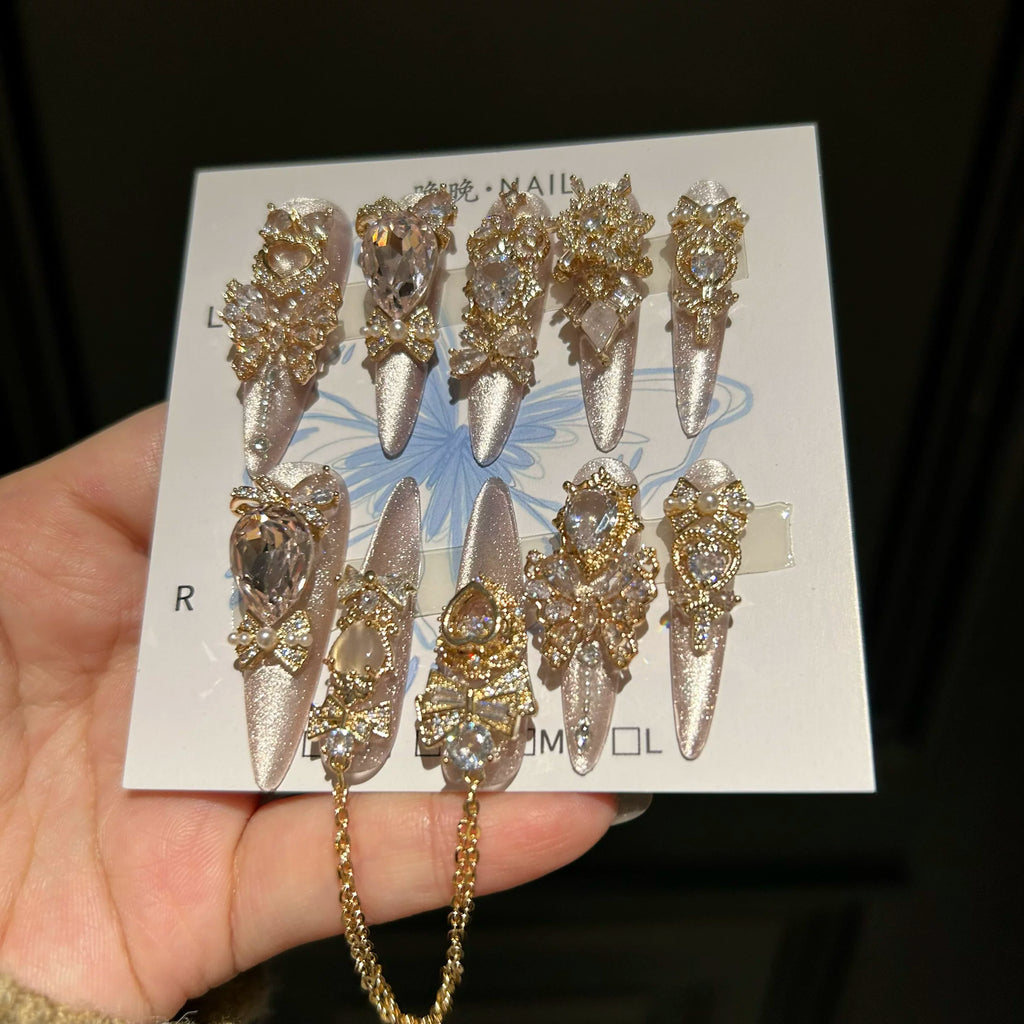 Purely handmade armor with full hands and full zirconium dongzhou diamond elegant luxury niche stylelong style handmade manicure