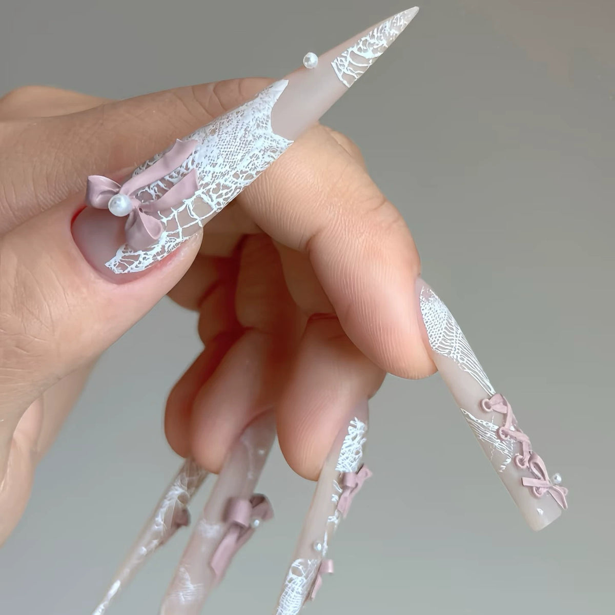Handmade custom press-on nails: new, sweet & girly pink french bow long length, whitening, new nail art stickers