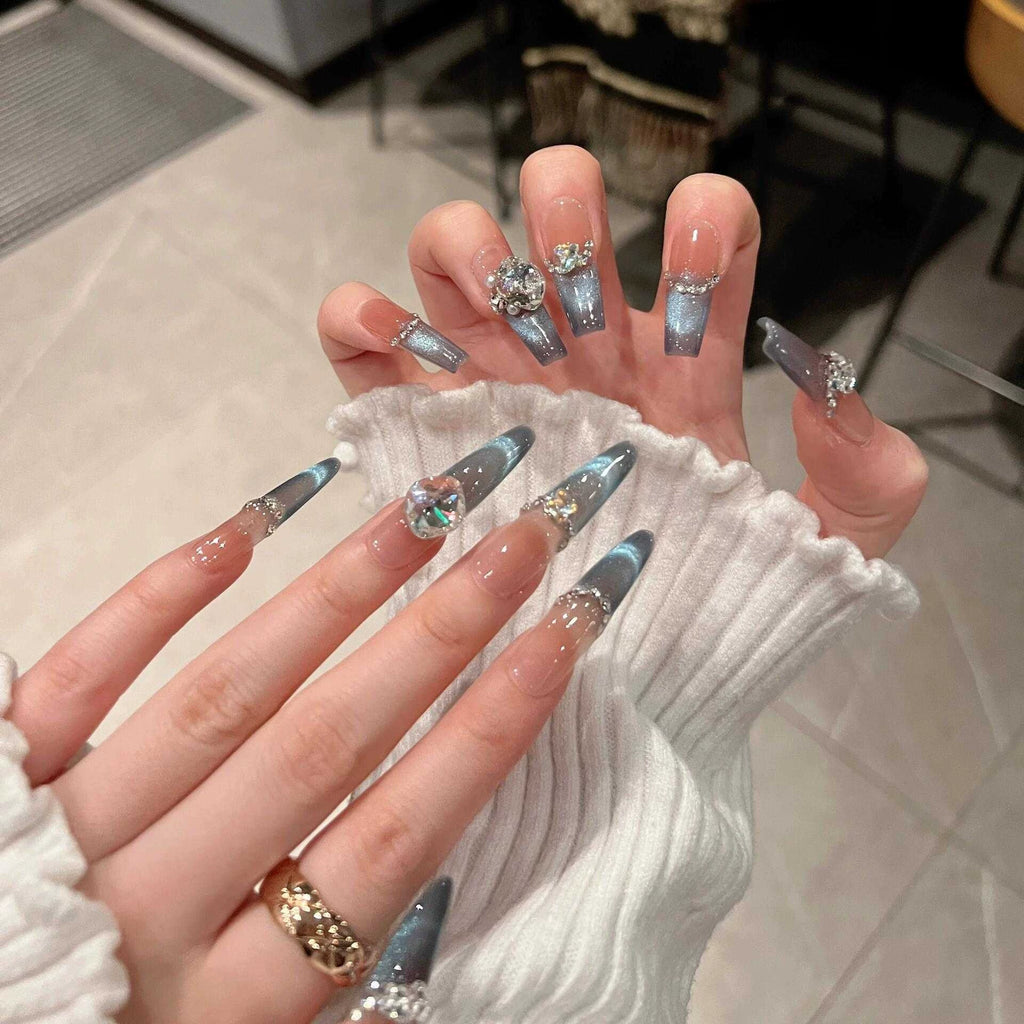 Spring new arrivals: dreamy ocean blue smiling french cat eye premium handmade press-on nails