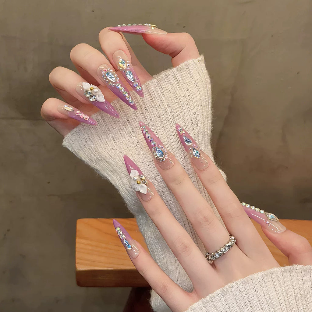 Handmade press-on nails, full diamond floral design, irregular shaped rhinestones, extra long length, whitening effect, high-end manicure, nail stickers