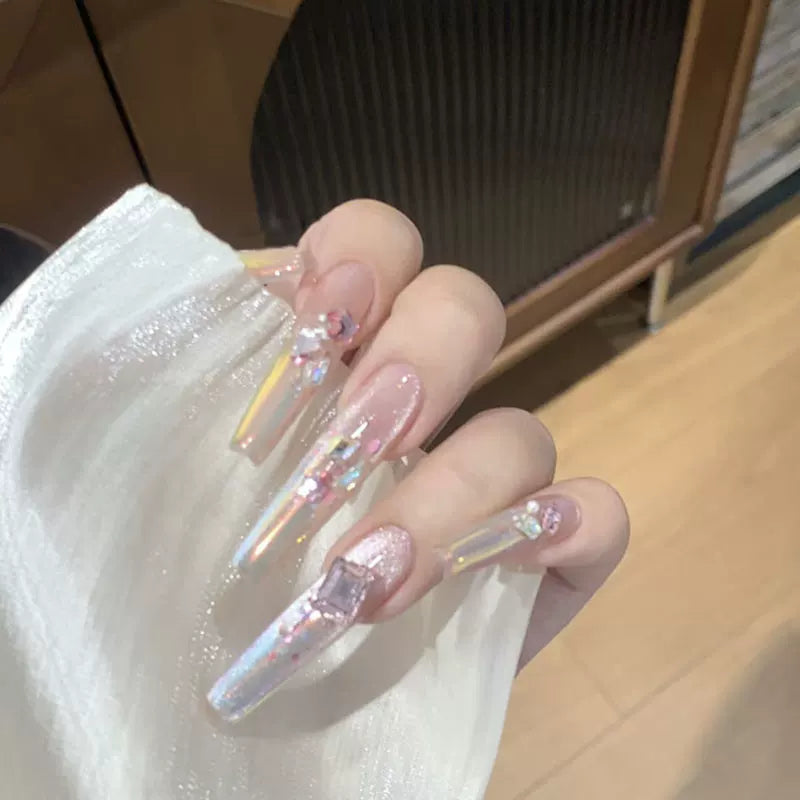 Advanced European and American super long atmosphere eye-catching Aurora Mermaid Ji cat eye sequins handmade custom wearing manicure