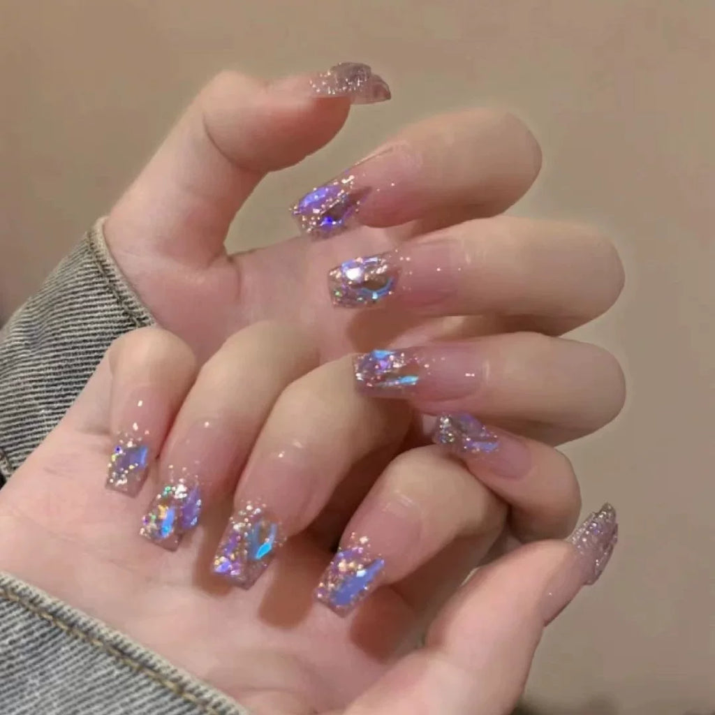 Handmade press-on nails: ethereal purple shimmer, dazzling aurora diamond, soft & flattering, ultra-fairy false nails