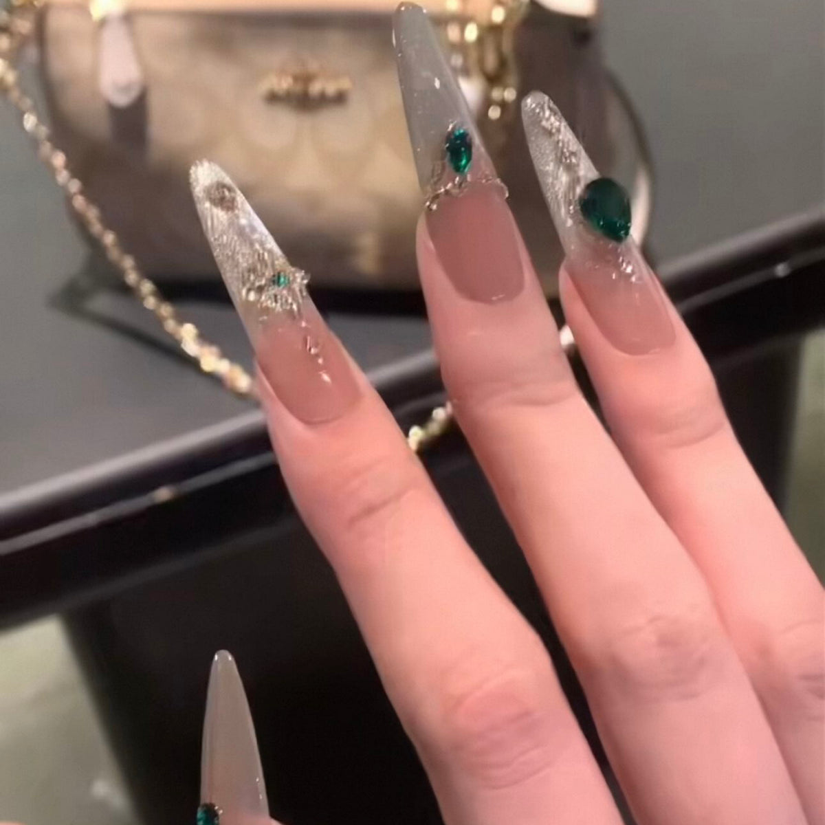 Handmade press-on nails - summer mid-length cat eye, luxe retro, elegant, and flattering white gel nail tips