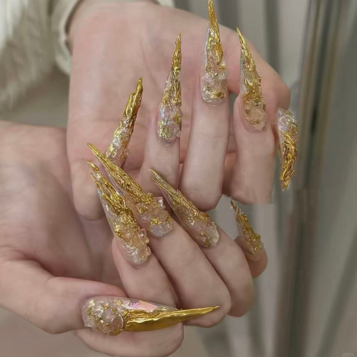 Wear long gold-plated classy white pure handmade pointed manicure