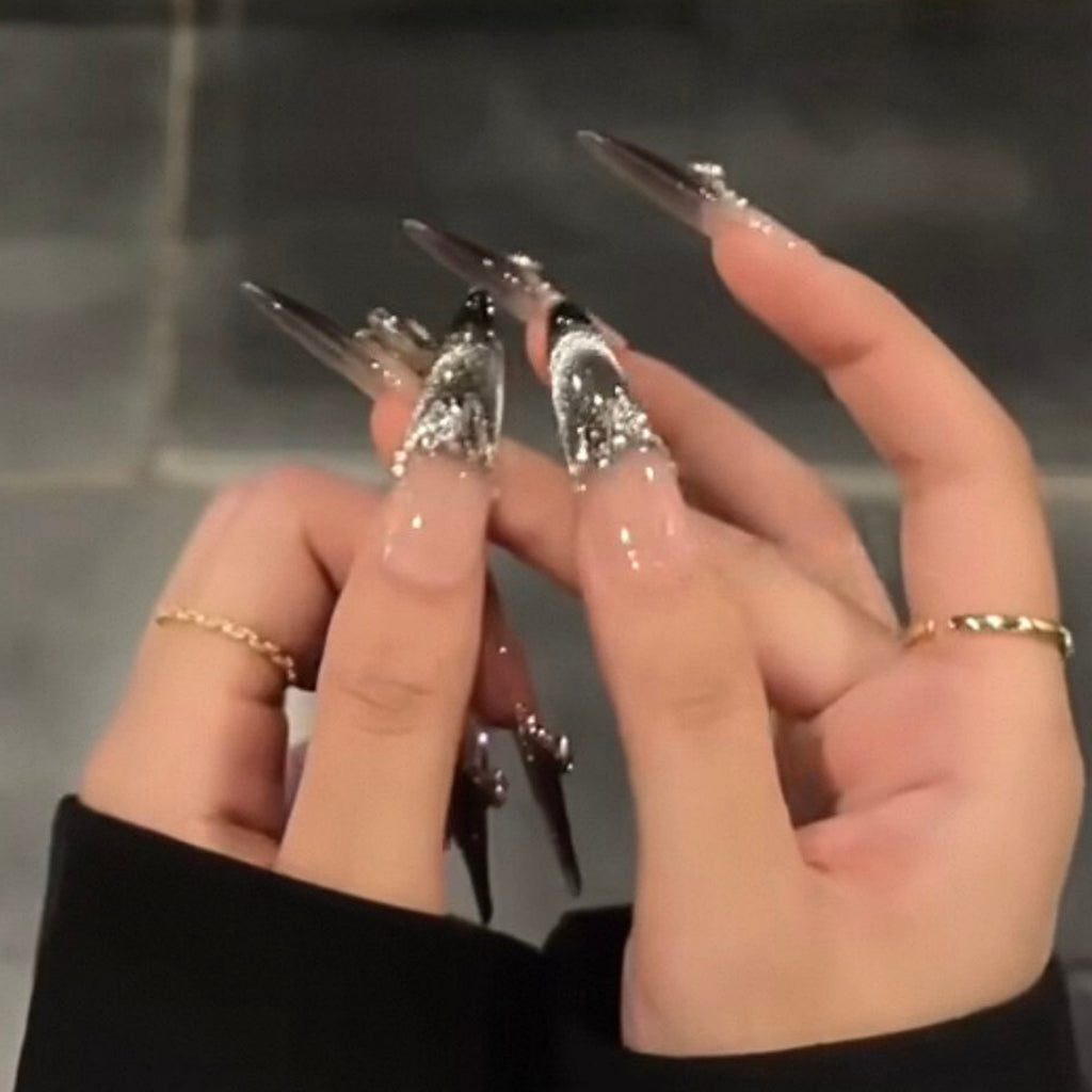 Sweet and cool style, white and sparkling, dark smile, cat eye, stacked diamonds, high-end long style handmade wearable nails