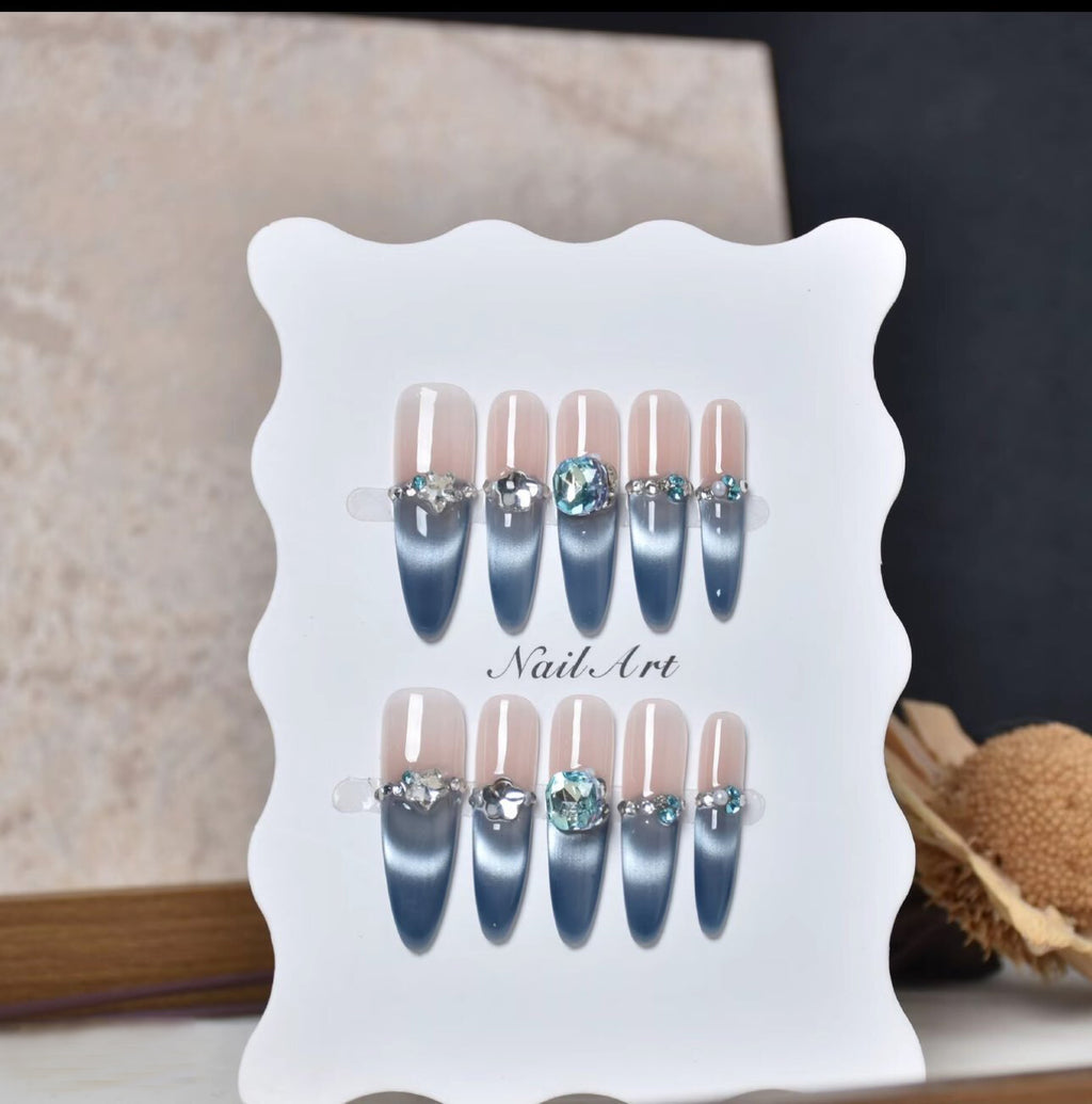 Spring new arrivals: dreamy ocean blue smiling french cat eye premium handmade press-on nails