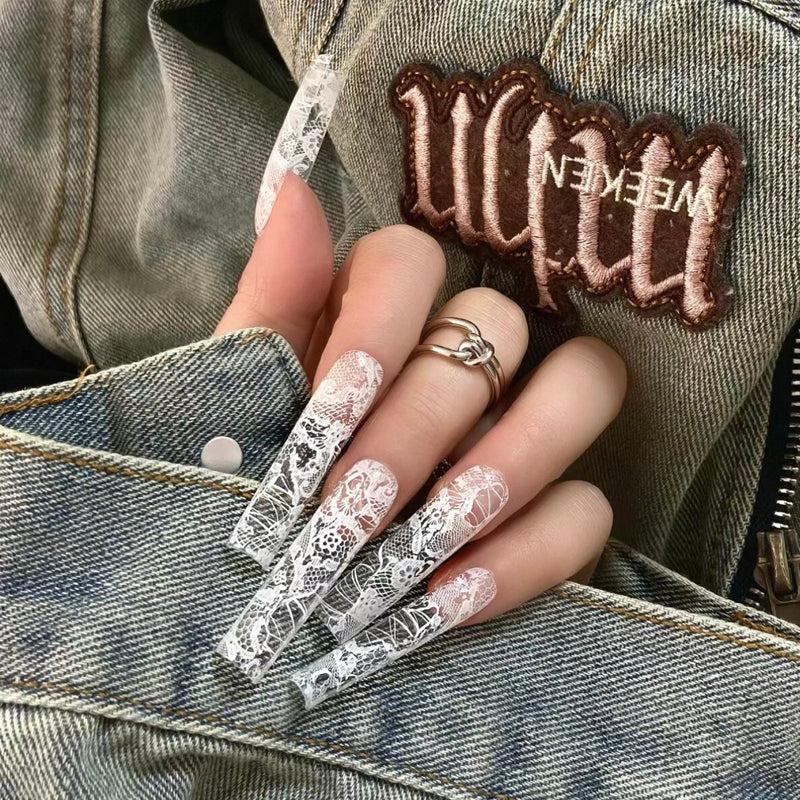 Pure hand-worn nail customization finished product, wearable nail art, European and American air duct square lace, pure desire design sense