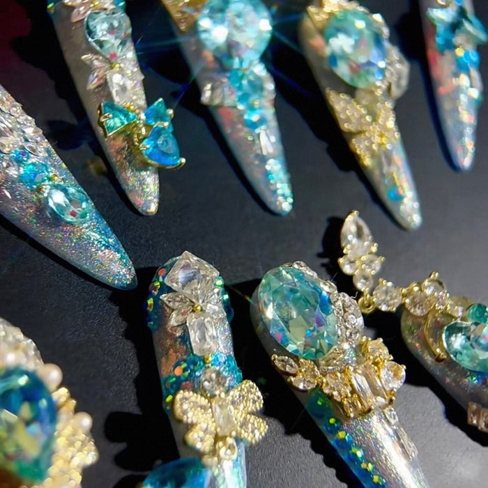 Luxury blue magic gold heavy industry original luxury blue gradual change zircon diamond long handmade wear nail custom nail art