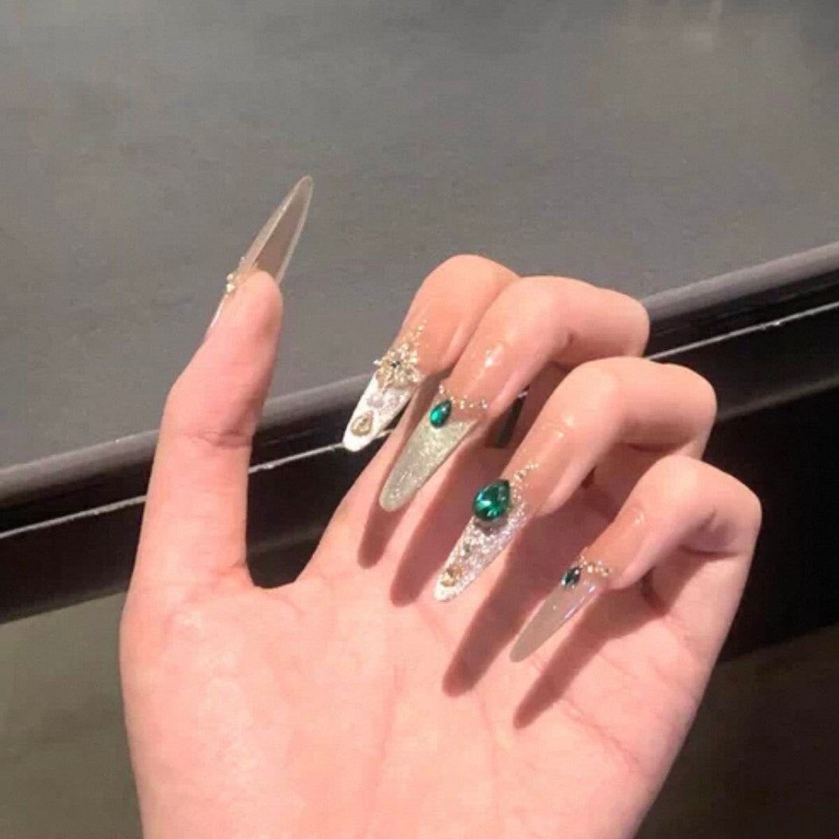 Handmade press-on nails - summer mid-length cat eye, luxe retro, elegant, and flattering white gel nail tips