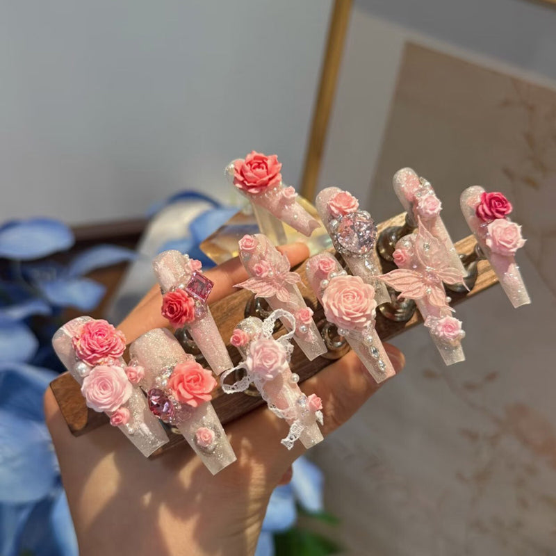 Cat's eye press-on nails with three-dimensional floral premium touches, uniquely beautiful handmade wear nail art