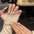 High-end, soft, milky white, french-style, exquisite, diamond-studded chain, accessible luxury, long, handmade press-on nails