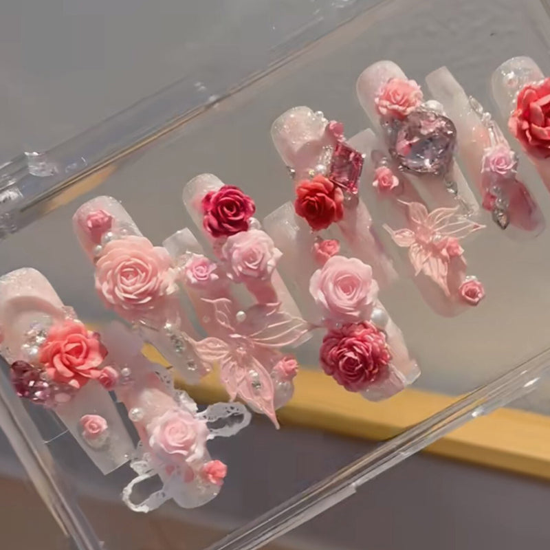 Cat's eye press-on nails with three-dimensional floral premium touches, uniquely beautiful handmade wear nail art
