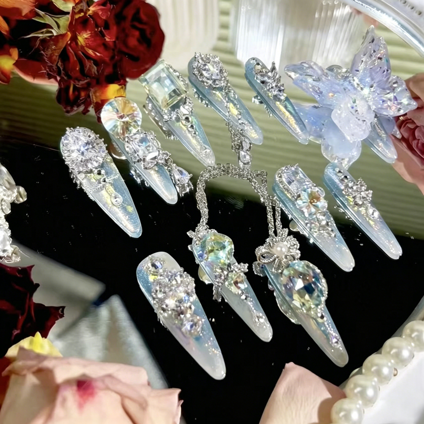 Butterfly blue dream heavy industry original fairy blue butterfly zircon diamond long handmade wearable nail customized rotating diamond nail manicure