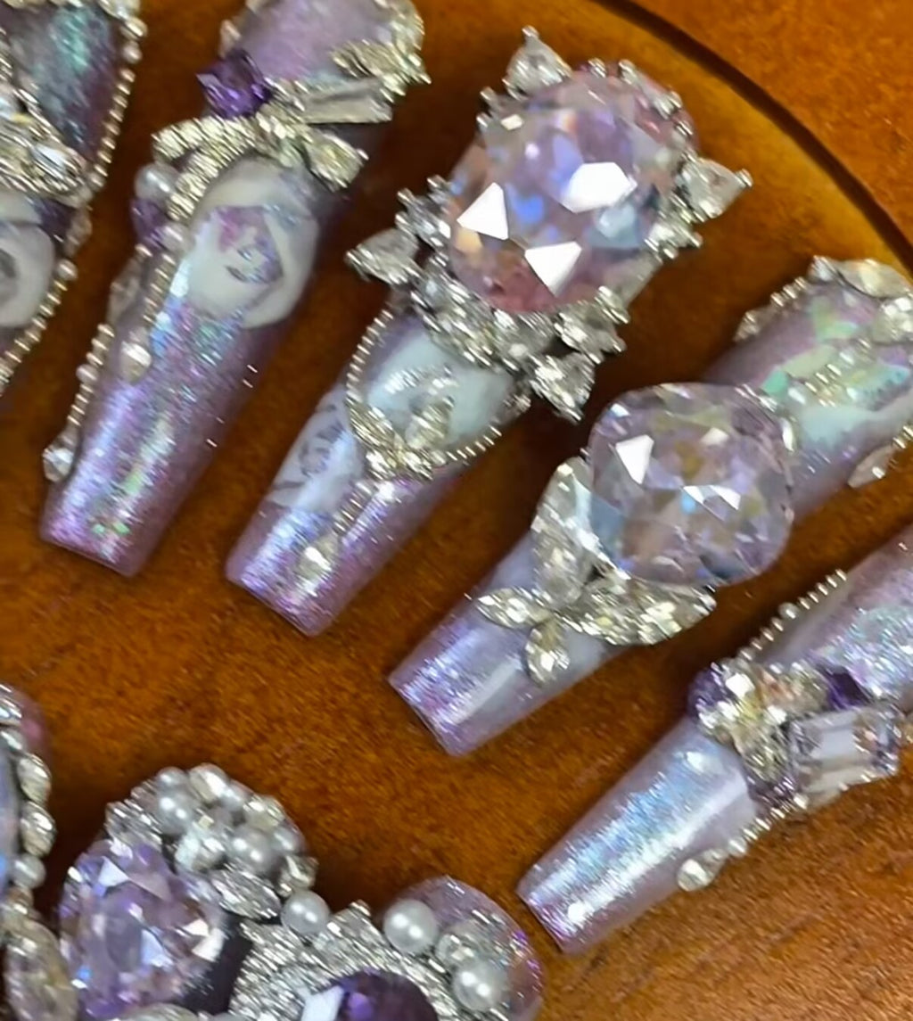 Purple palace light luxury full diamond handmade custom wearable nails watercolor rose flash new detachable nail manicure