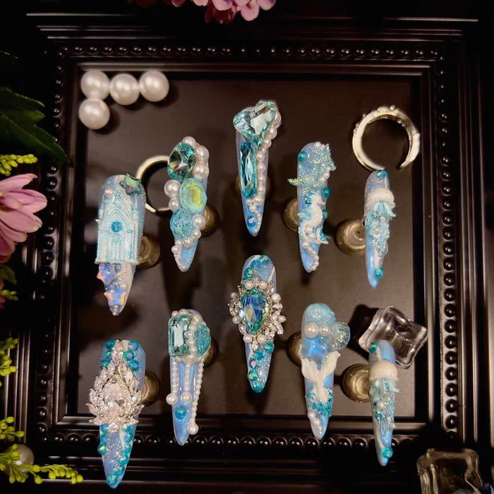 Haiyu Castle Heavy Industry Ocean Wind Jellyfish Sky Blue Zircon Diamond Long Handmade Wear Nail Custom Nail Art