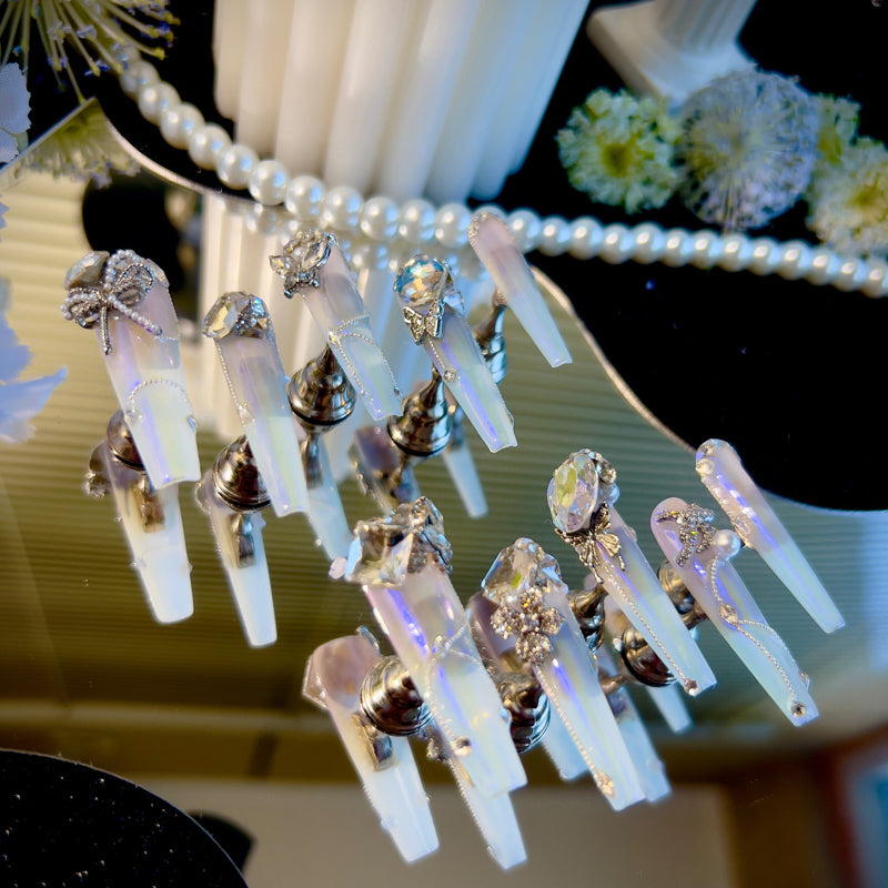 Light pink gradual change blue aurora noble daughter cool feeling full zircon diamond handmade wear nail custom nail manicure