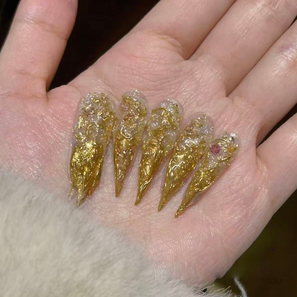 Wear long gold-plated classy white pure handmade pointed manicure