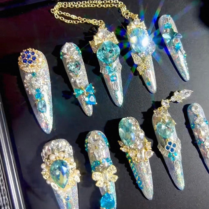 Luxury blue magic gold heavy industry original luxury blue gradual change zircon diamond long handmade wear nail custom nail art