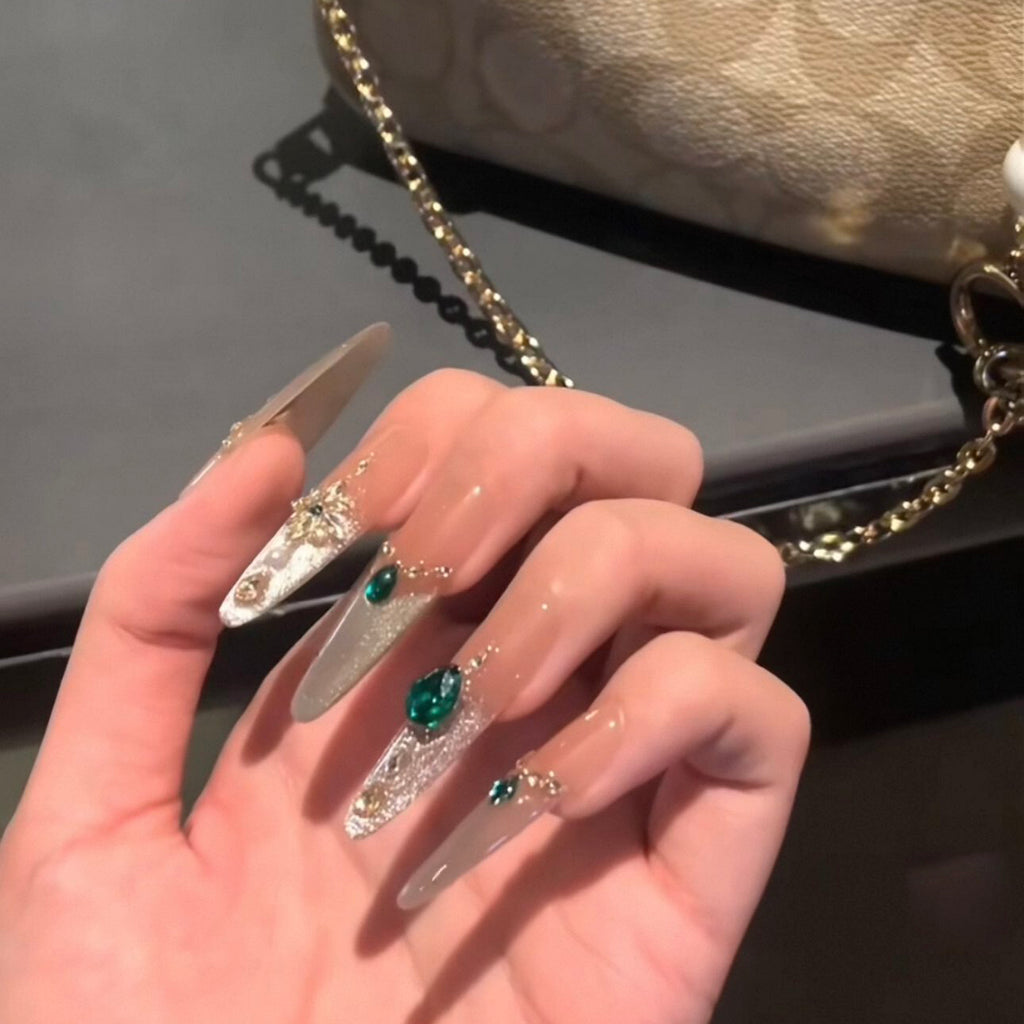 Handmade press-on nails - summer mid-length cat eye, luxe retro, elegant, and flattering white gel nail tips