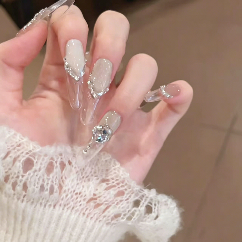 French ice penetrating new pure handmade long nail art finished light luxury high-end nail art wearing nail