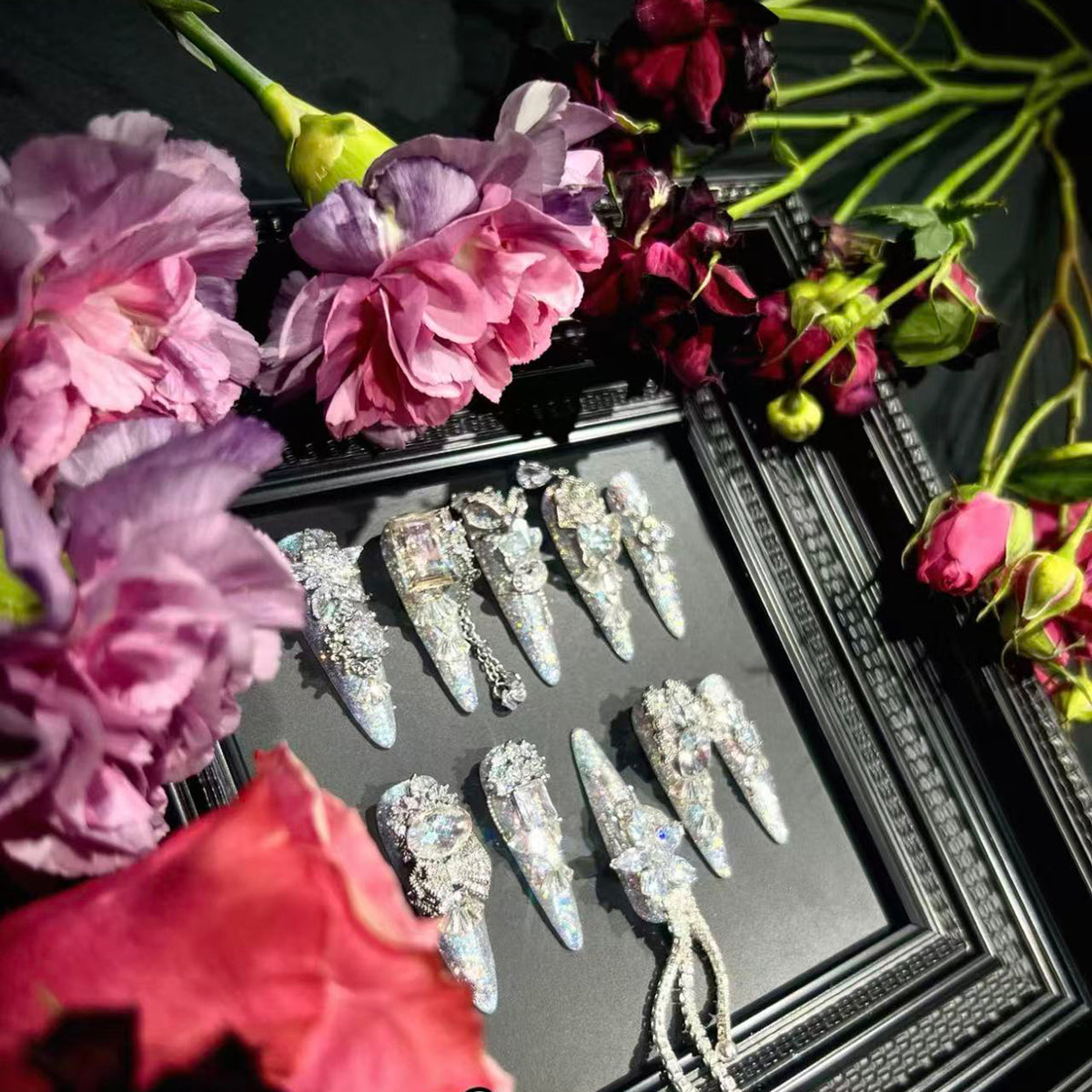 Heavy industry original luxury silver full zircon diamond long handmade wearable nail art customized manicure