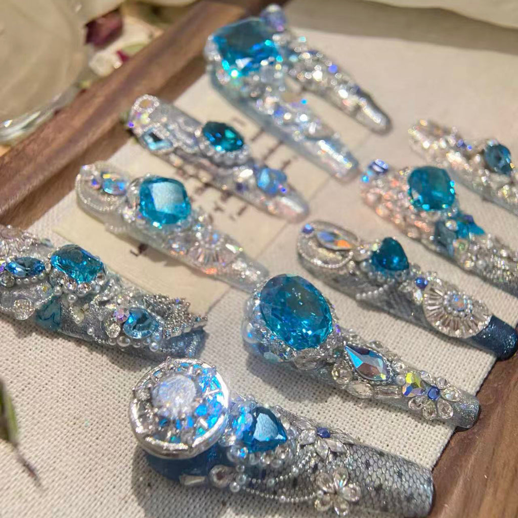 Heavy industry blue printed light-up model huazi ice-cut zircon diamond handmade wearable nails personalized detachable nails manicure