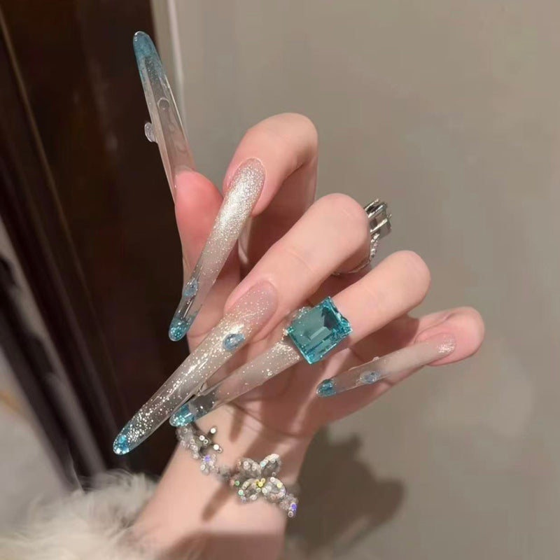 High-luxury peacock blue full-flower diamonds flash cat's eye French wedding nail pure handmade nail wear nail