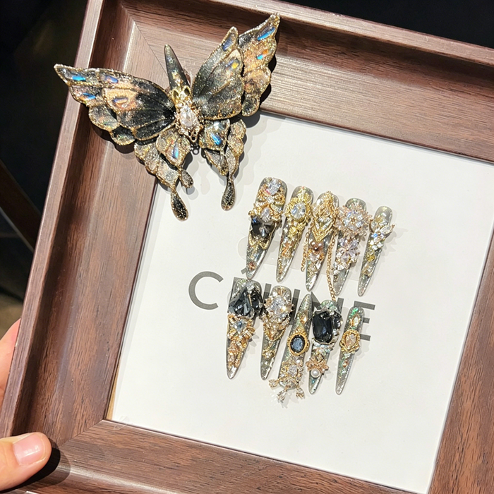 New black butterfly nail art handmade sparkling wearable nail art new year elegant full diamond wearable nail art