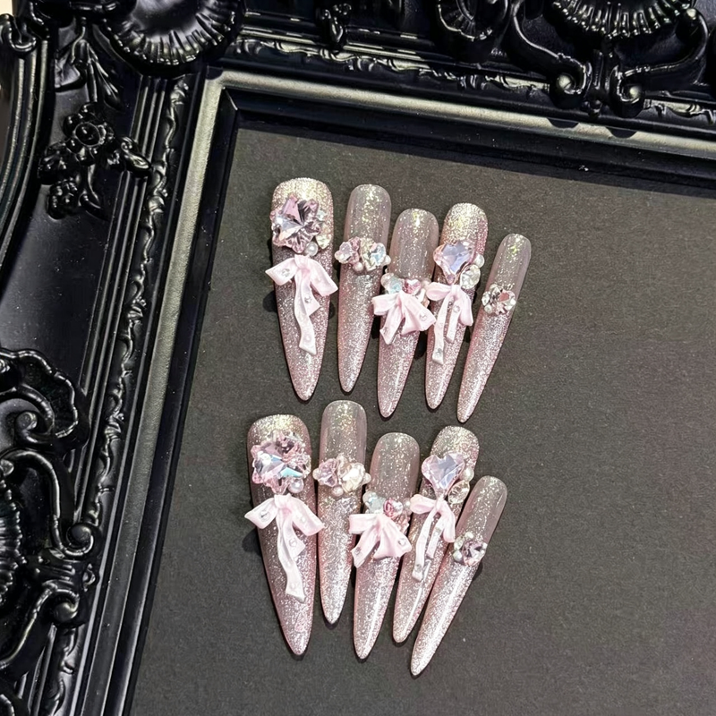 Pink Diamond Pearlescent Bow Luxury Premium Cat's Eye Nail Art Handmade Wear Nail Removable Patch