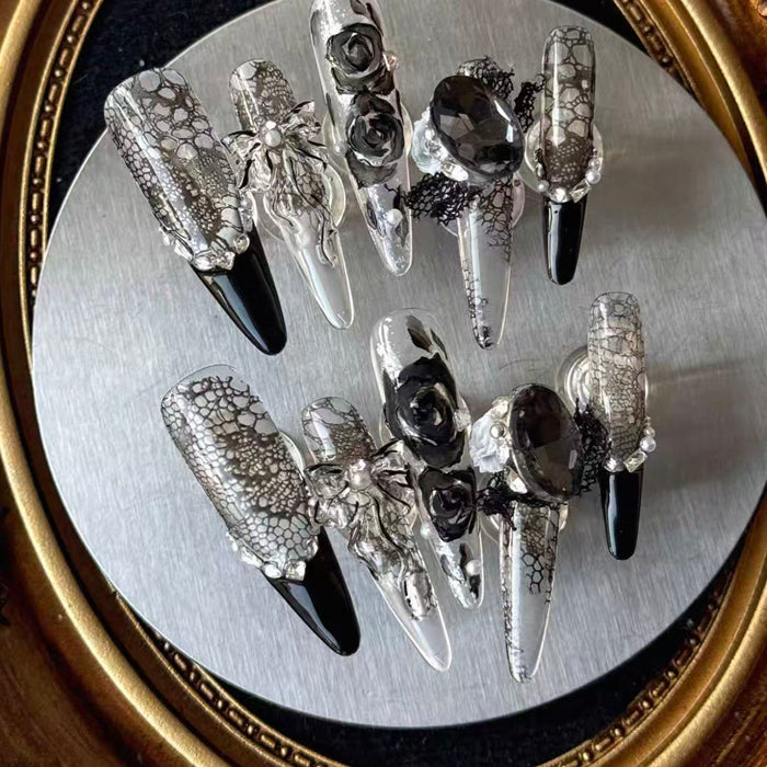 Heavy Industry Nail Art Wearing Nail Art Handmade Long High-end Light Luxury Rose Lace