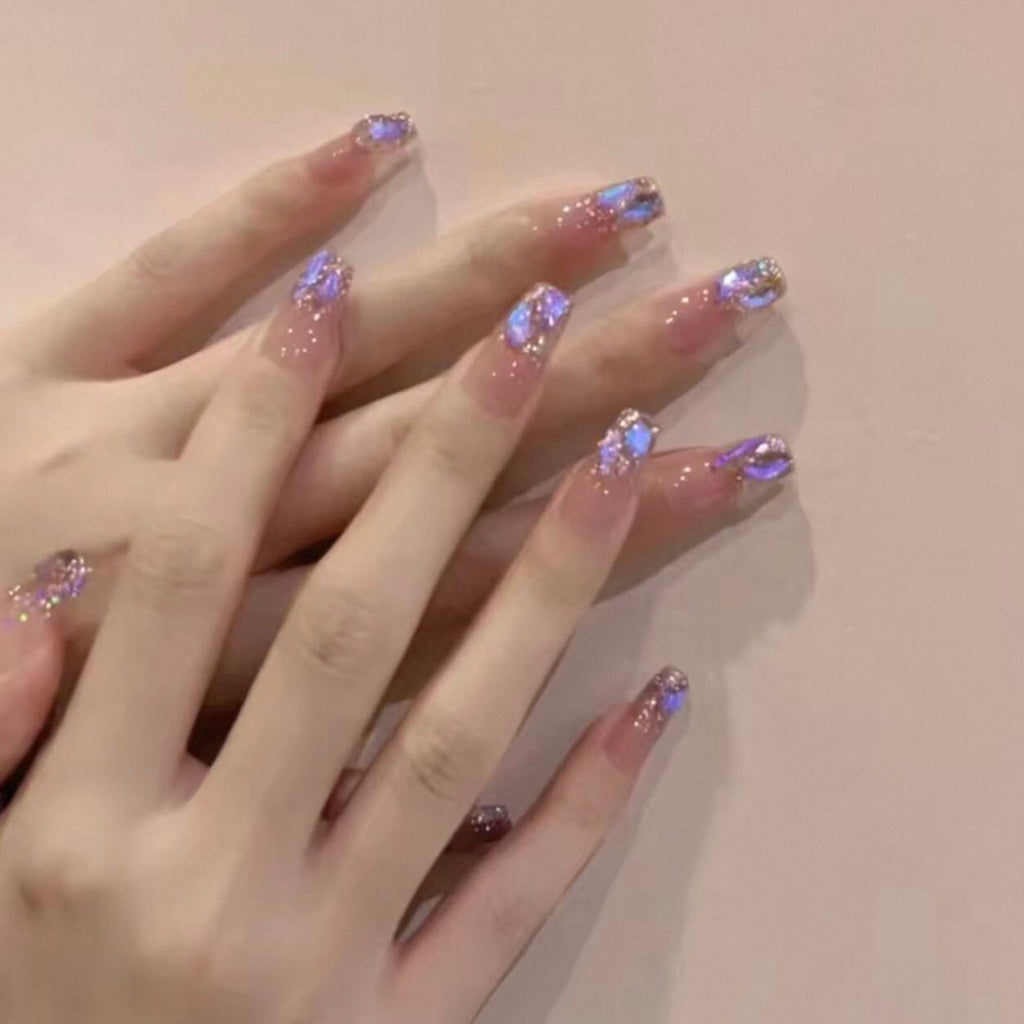 Handmade press-on nails: ethereal purple shimmer, dazzling aurora diamond, soft & flattering, ultra-fairy false nails