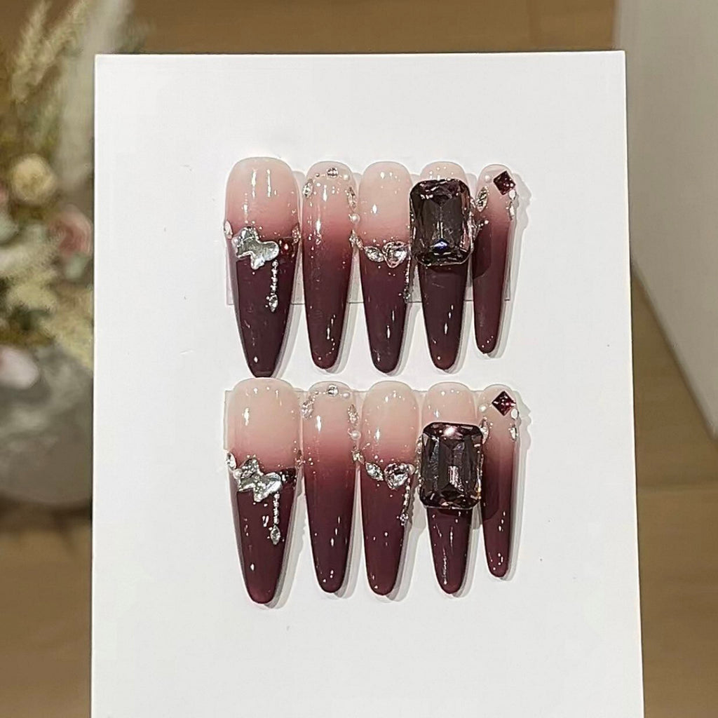 High-end, whitening, gradient cherry color, french diamond, fine long hand-worn nails