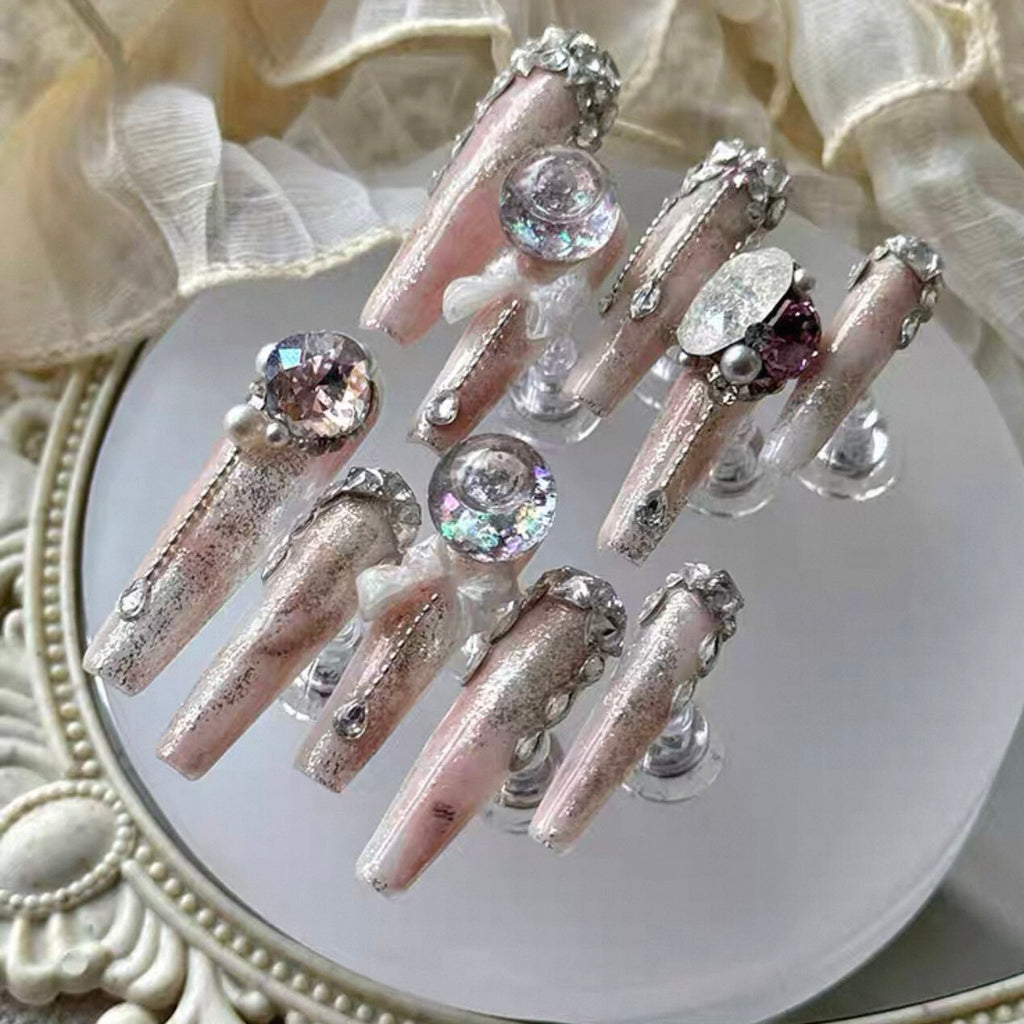 Pink peach crystal new arrival: premium, heavily embellished, luxurious press-on nails - handmade with a touch of refined elegance