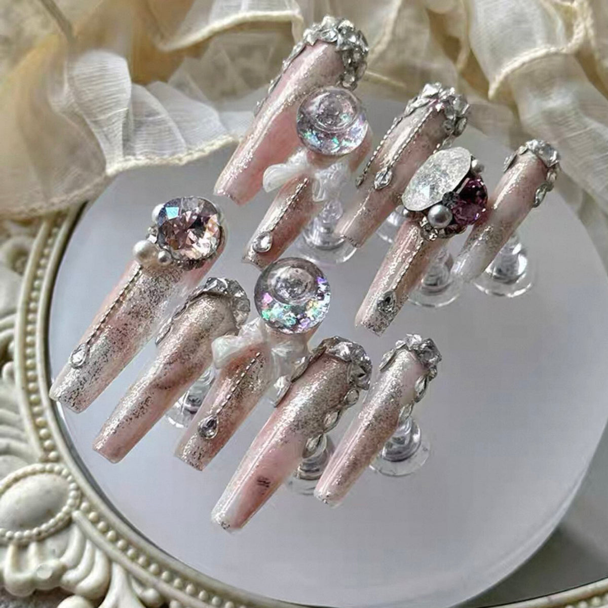 Pink peach crystal new arrival: premium, heavily embellished, luxurious press-on nails - handmade with a touch of refined elegance