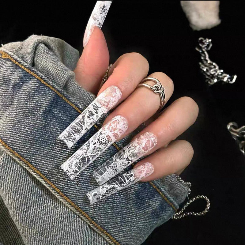 Pure hand-worn nail customization finished product, wearable nail art, European and American air duct square lace, pure desire design sense