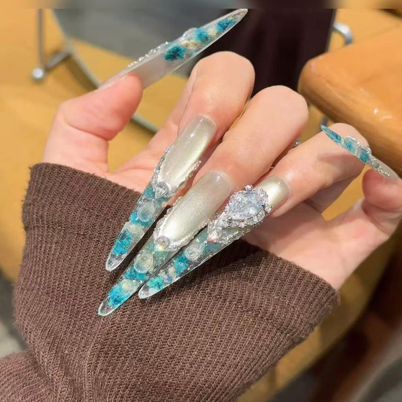 French cat's eye dried flower wearing nail medium and long high-end handmade nail patch new beautiful wearing nail art
