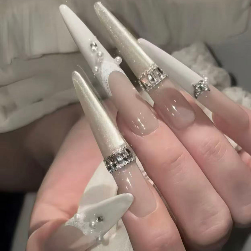French Pure Desire Wind Premium Pearl Diamond Temperament Bridal Nail Pure Handmade Nail Art Wear Nail