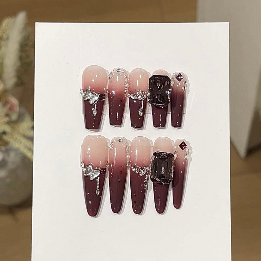 High-end, whitening, gradient cherry color, french diamond, fine long hand-worn nails